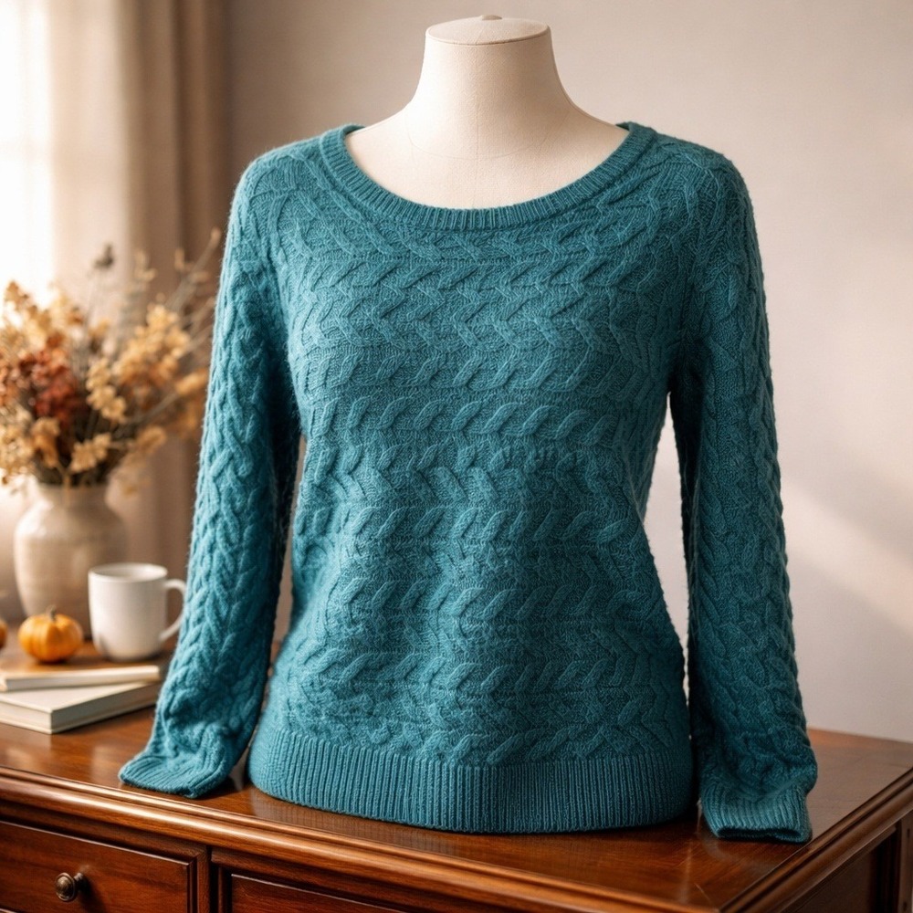 Talbots L Teal Cable Knit Merino Wool Cashmere Blend Sweater Women Cozy
